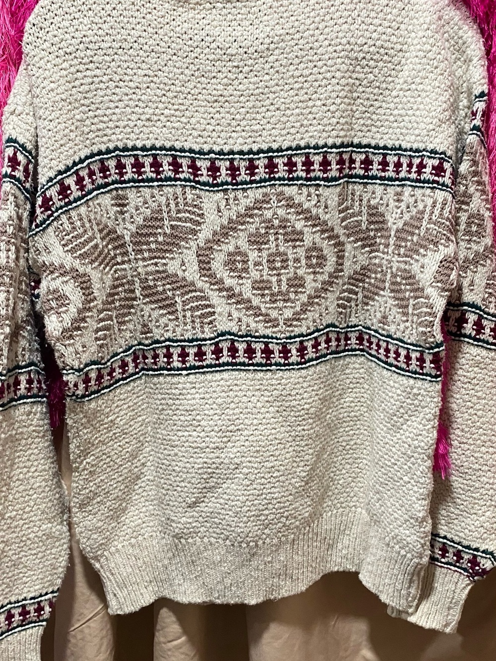 Cream Fair Isle Crewneck Sweater with Burgundy Trim